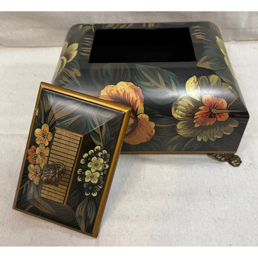 Vintage Floral Hand Painted Decorative Jewelry Box Lion Paw Feet Pinecone Finial